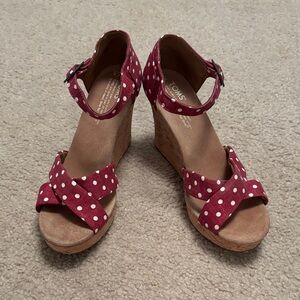 TOMS Red Polka Dot Ankle-Strap Wedge Sandals NWOT